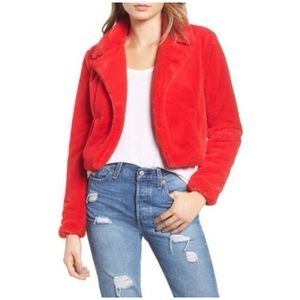 BLANKNYC Denim Red Cropped Faux Fur Jacket Sz XXL